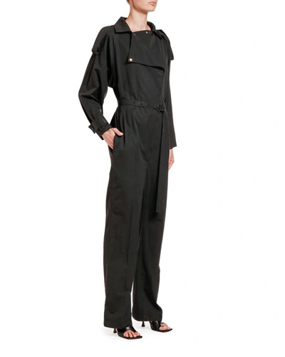 Shop Bottega Veneta Cotton Belted Shirt Jumpsuit In Black