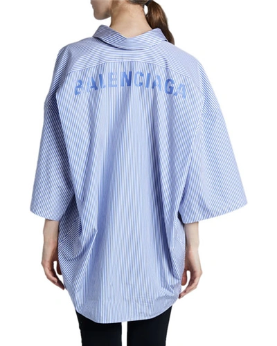 Shop Balenciaga Logo Print Swing Shirt In Blue/white