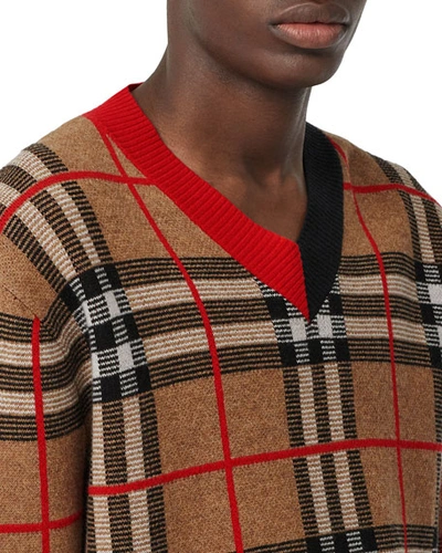 Shop Burberry Men's Signature Check V-neck Sweater In Beige