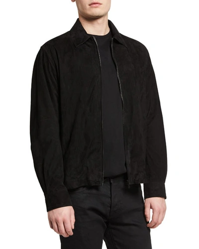 Shop The Row Men's Harvey Lamb Suede Zip-front Shirt Jacket In Black