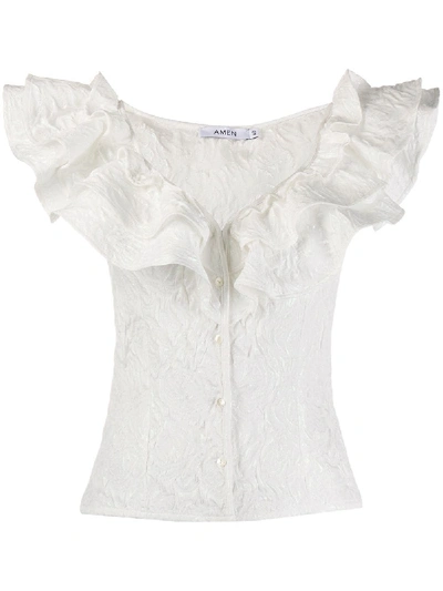 Shop Amen Ruffled Rose-jacquard Top In White