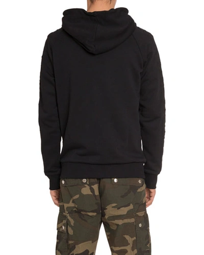 Shop Balmain Men's Solid Embossed-sleeve Zip-front Hoodie Sweatshirt In Black