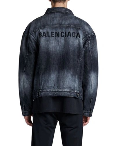 Shop Balenciaga Men's Logo Embroidery Denim Jacket In Black