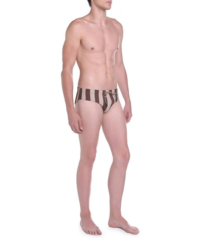 Shop Fendi Men's Pequin-stripe Drawstring Swim Briefs In Brown