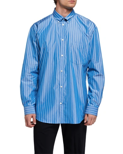 Shop Balenciaga Men's Oversized Pinstripe Poplin Sport Shirt With Logo Back In Blue