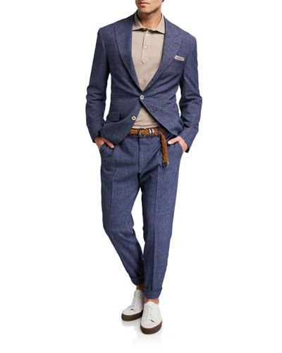 Shop Brunello Cucinelli Men's Glen Plaid Peak Lapel Two-piece Suit In Blue