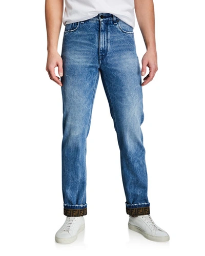 Shop Fendi Men's Turn-up Ff-cuff Straight-leg Jeans In Blue