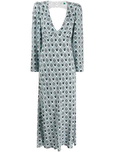 Shop Rixo London Checked Floral Print Dress In Blue