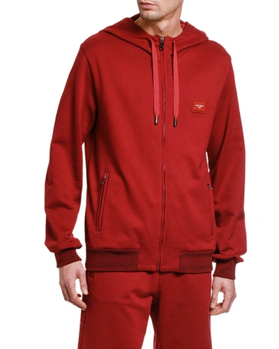 Shop Dolce & Gabbana Men's Logo-tag Zip-front Hoodie In Red