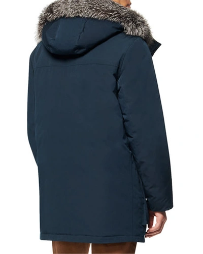 Shop Andrew Marc Men's Down-filled Parka Coat W/ Fox Fur-trim In Ink