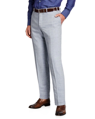 Shop Canali Men's Linen-wool Chambray Pants In Blue