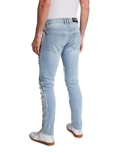 Shop Balmain Men's Destroyed Slim-fit Moto Jeans In Blue