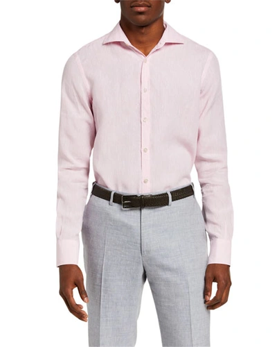 Shop Canali Men's Solid Linen Sport Shirt In Pink