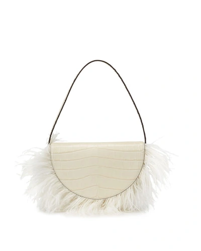 Shop Staud Amal Mock-croc Feathered Shoulder Bag In Cream