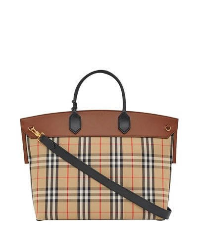 Shop Burberry Society Vintage Check Top Handle Bag In Brown Pattern