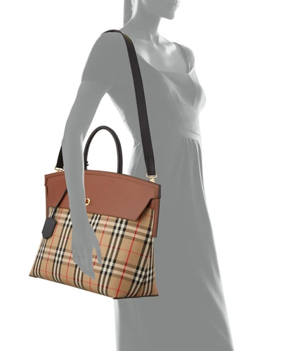 Shop Burberry Society Vintage Check Top Handle Bag In Brown Pattern