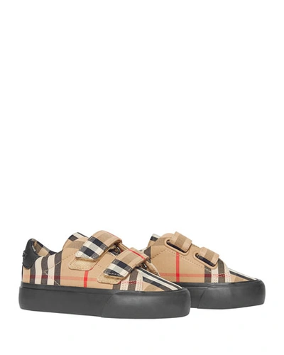 Shop Burberry Markham Check Grip-strap Sneaker, Baby/toddler In Beige