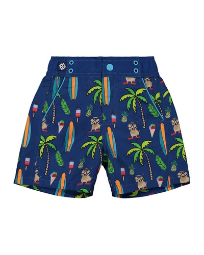 Shop Andy & Evan Boy's Beach Print Swim Shorts In Blue Surf