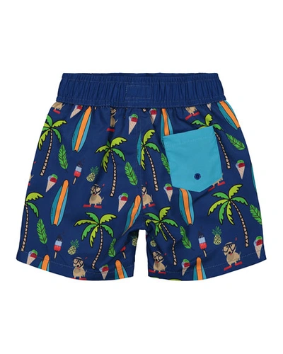 Shop Andy & Evan Boy's Beach Print Swim Shorts In Blue Surf