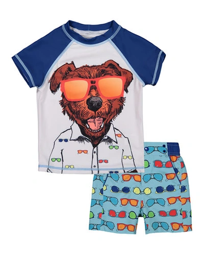 Shop Andy & Evan Boy's Dog Print Short-sleeve Rash Guard W/ Matching Swim Shorts In Light Blue