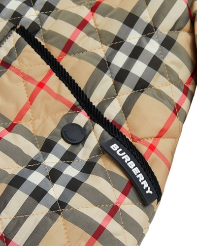 Shop Burberry Boy's Cluford Check Quilted Jacket W/ Corduroy Trim In Beige