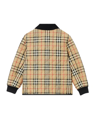 Shop Burberry Boy's Cluford Check Quilted Jacket W/ Corduroy Trim In Beige