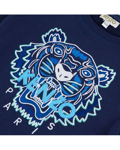Shop Kenzo Boy's Tiger Embroidered Cotton Sweatshirt In Blue