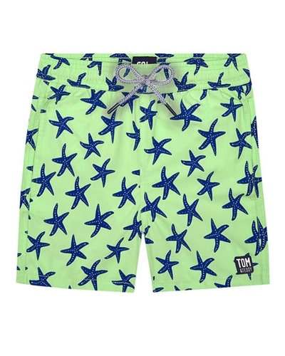 Shop Tom & Teddy Boy's Starfish Print Classic Fit Swim Trunks In Green And Blue
