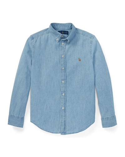 Shop Ralph Lauren Boy's Woven Chambray Shirt In Light Blue