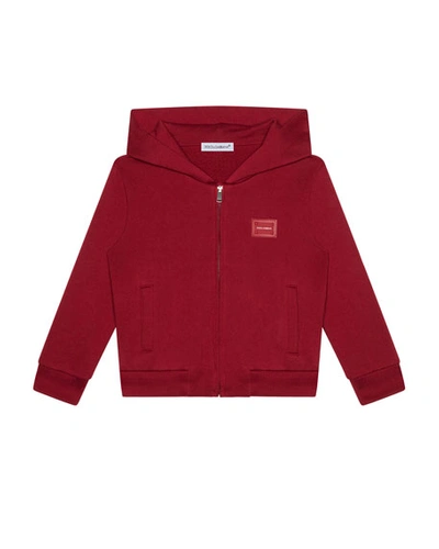 Shop Dolce & Gabbana Kid's Logo Patch Zip-up Hooded Jacket In Dark Red