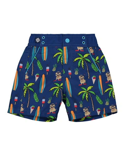 Shop Andy & Evan Boy's Beach Print Swim Shorts In Blue Surf