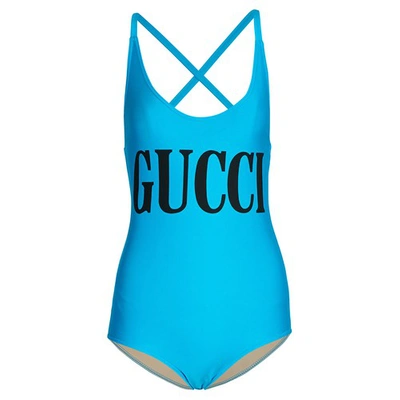 Shop Gucci Logo Swimsuit In Vivid Blue