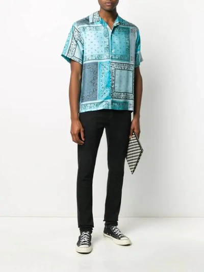 Shop Amiri Short Sleeve Bandana Print Silk Shirt In Blue