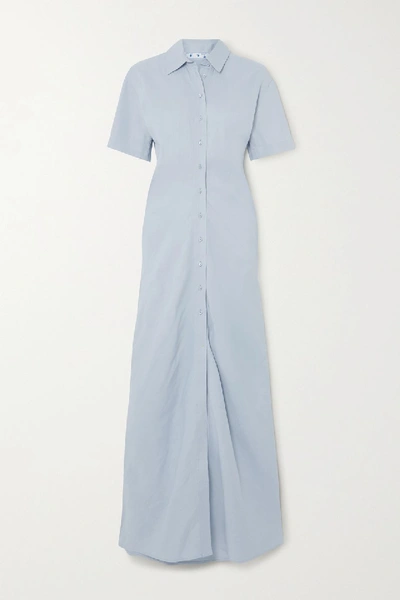 Shop Off-white Ruched Linen-blend Maxi Shirt Dress In Light Blue