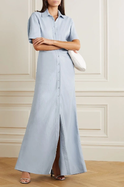 Shop Off-white Ruched Linen-blend Maxi Shirt Dress In Light Blue