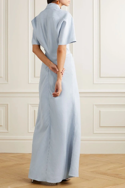 Shop Off-white Ruched Linen-blend Maxi Shirt Dress In Light Blue