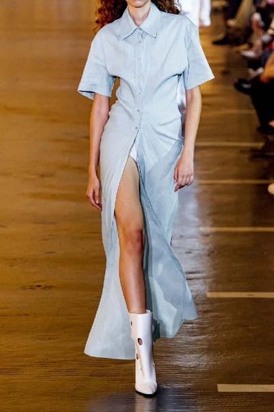 Shop Off-white Ruched Linen-blend Maxi Shirt Dress In Light Blue