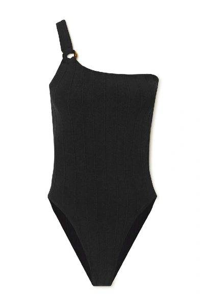 Shop Hunza G Nancy One-shoulder Ribbed Seersucker Swimsuit In Black