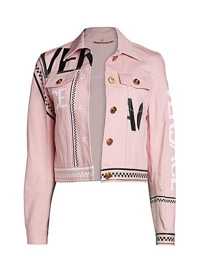 Shop Versace Spliced Logo Denim Jacket In Denim Pink