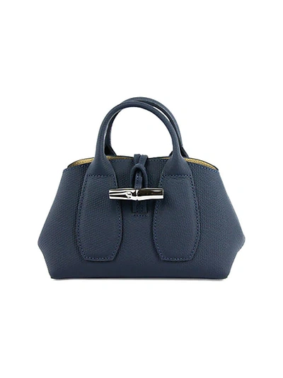 Shop Longchamp Small Roseau Leather Top Handle Bag In Blue