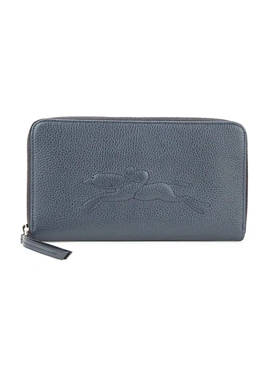 Shop Longchamp Logo Leather Zip-around Wallet In Navy