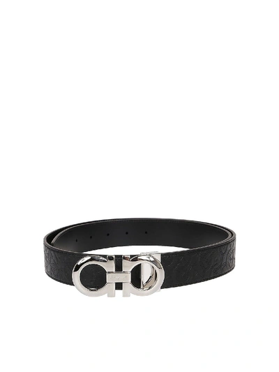 Shop Ferragamo Gancini Embossed Leather Reversible Belt In Black