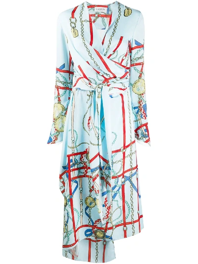 Shop Lanvin Chain Print Wrap Dress In Blue