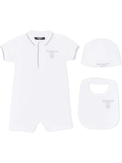 Shop Balmain Logo-embroidered Babygrow, Hat And Bib Set In White