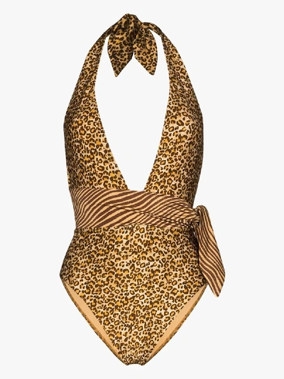 Shop Zimmermann Empire Leopard Print Scarf Tie Swimsuit In Brown