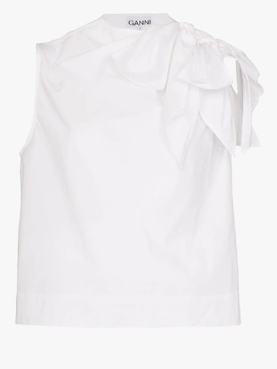 Shop Ganni Bow Detail Cotton Poplin Blouse In White