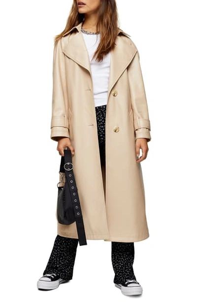 Topshop Trench Coat With Vinyl Panels In Stone-neutral In Cream | ModeSens