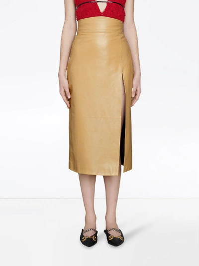 Shop Gucci Leather Pencil Skirt In Neutrals