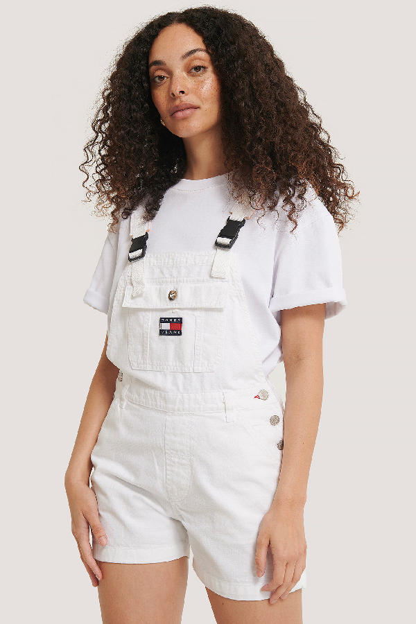 white dungaree shorts