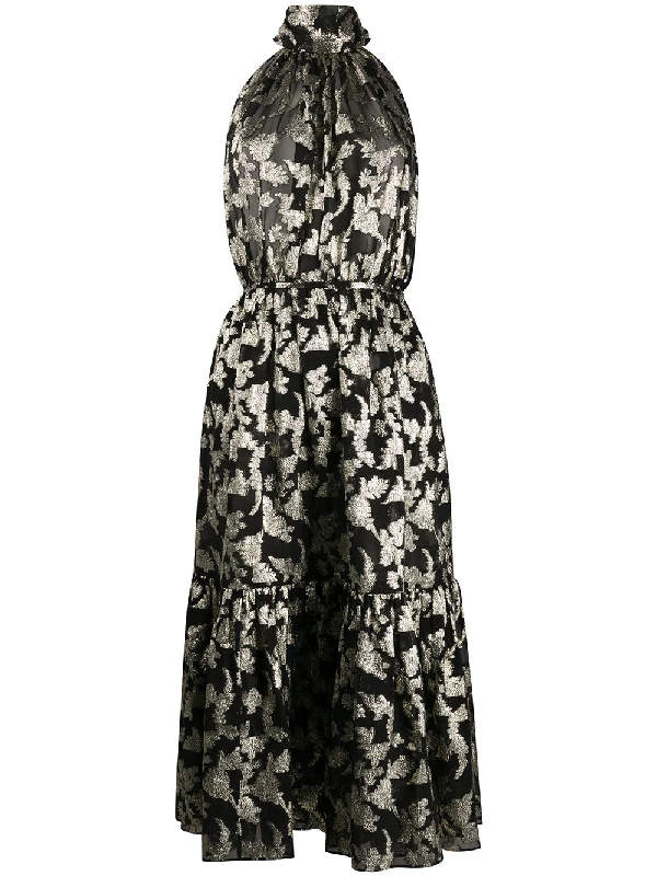Saint Laurent Metallic Floral Silk And Lurex-blend Chiffon Halterneck Dress  In Black | ModeSens